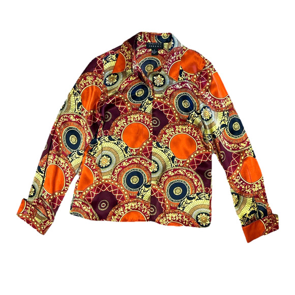 Spenser Jeremy Vintage 90s Silk Blouse Size 4 Small Orange Gold Black Print Top - Picture 1 of 6